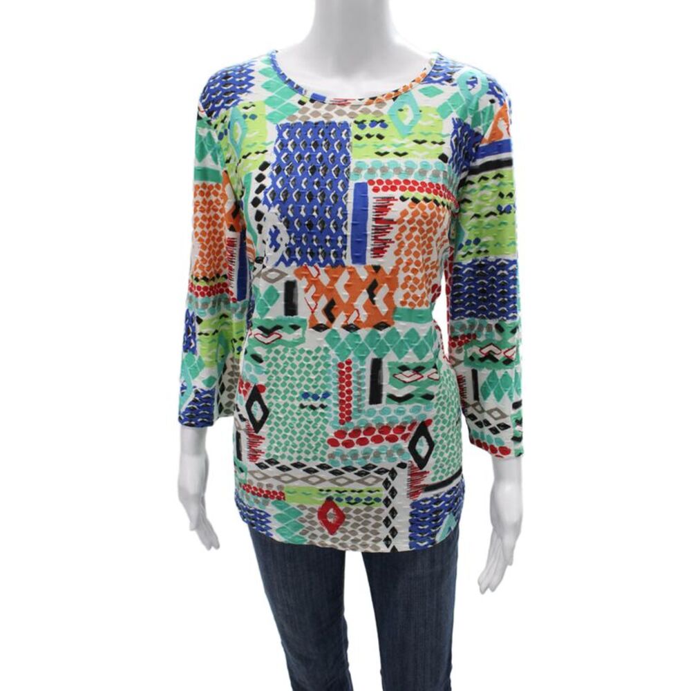 Pure Essence Women Tunic Blue Aztec Round Neck 3/4 Sleeve Size 2XL